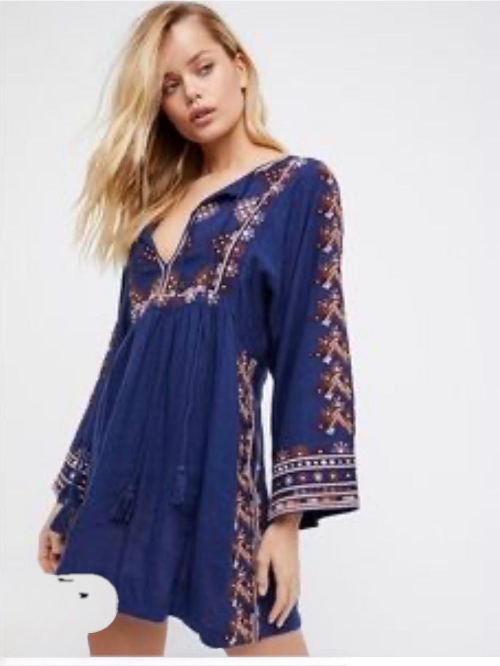 Free People Blue  Navy Embroidered Boho Tunic